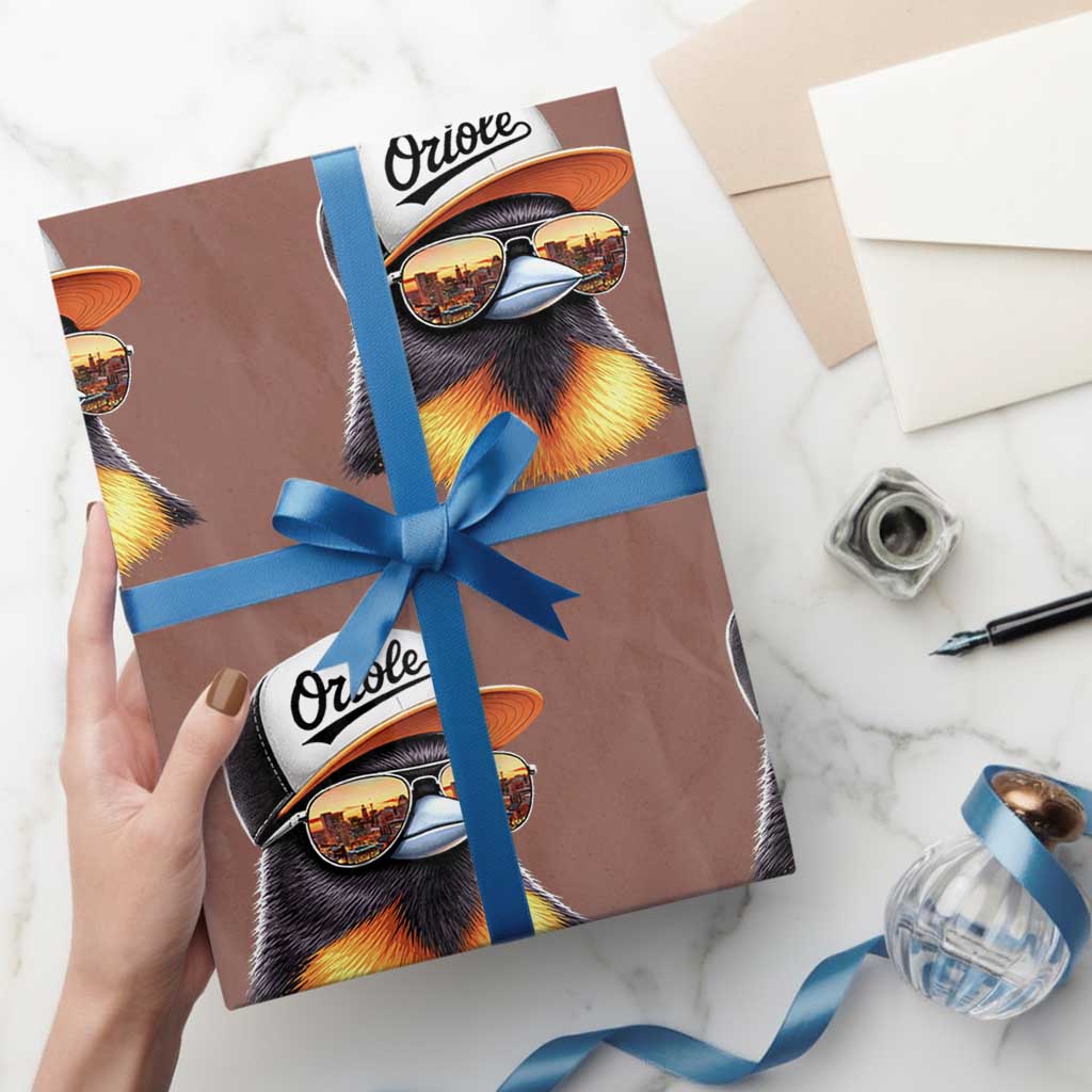 Funny Oriole Bird Wearing Baseball Cap Graphic Vintage Sport Wrapping Paper Roll TS11 Mocha Print Your Wear