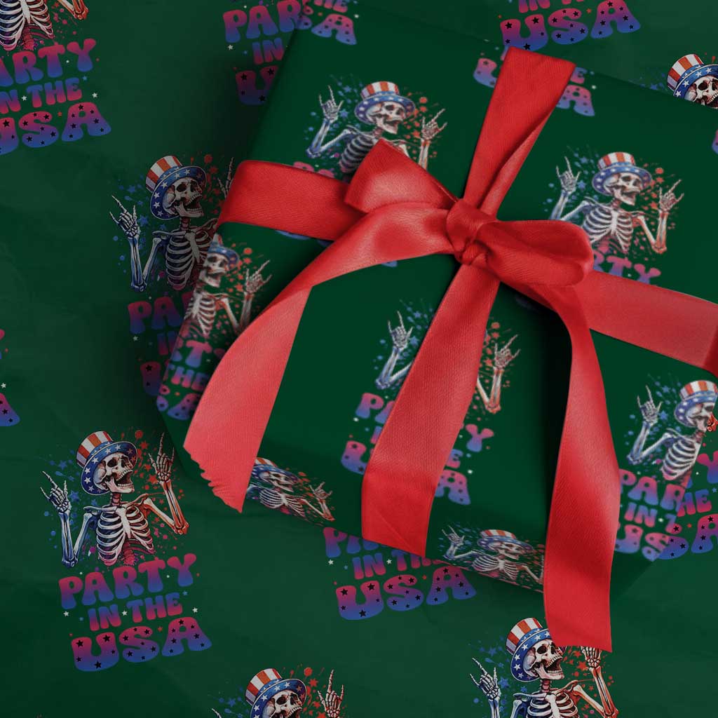 Funny Party In The USA Skeleton Rock Hand Wrapping Paper Roll 4th Of July Rocker Gift TS12 Green Print Your Wear