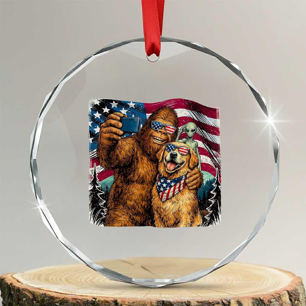 Funny Patriotic Bigfoot Golden Retriever Selfie Squad Crystal Glass Ornament TS12 Transparent Glass 3'' Circle Print Your Wear