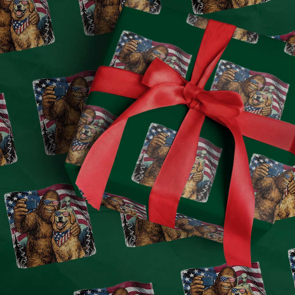 Funny Patriotic Bigfoot Golden Retriever Selfie Squad Wrapping Paper Roll TS12 Green Print Your Wear