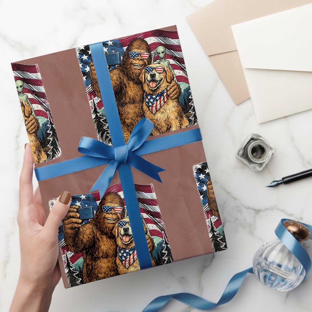 Funny Patriotic Bigfoot Golden Retriever Selfie Squad Wrapping Paper Roll TS12 Mocha Print Your Wear