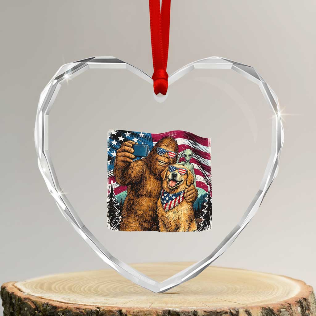 Funny Patriotic Bigfoot Golden Retriever Selfie Squad Heart Crystal Glass Ornament TS12 Transparent Glass 3'' Heart Print Your Wear