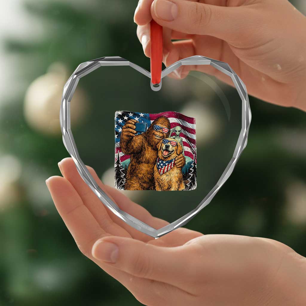 Funny Patriotic Bigfoot Golden Retriever Selfie Squad Heart Crystal Glass Ornament