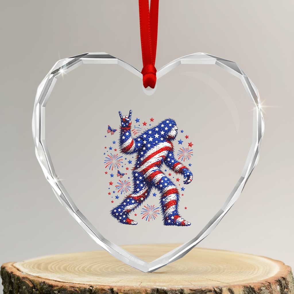 Funny Patriotic Bigfoot Heart Crystal Glass Ornament 4th Of July Freedom