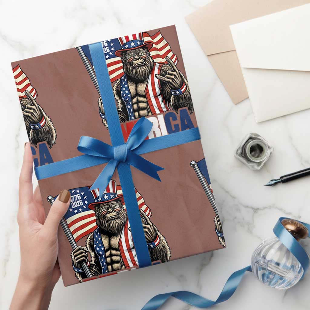 Funny Patriotic Bigfoot Merica Rock Wrapping Paper Roll USA 250th Anniversary TS12 Mocha Print Your Wear