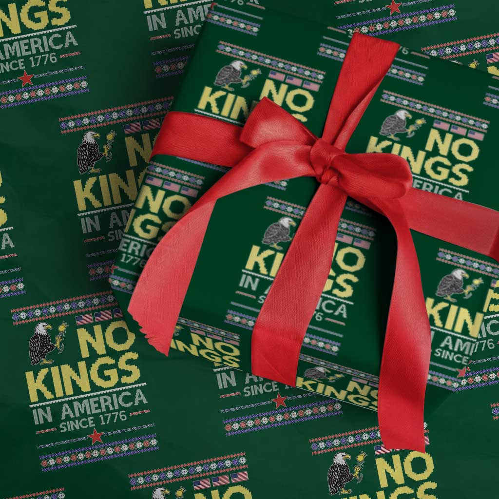 Funny Patriotic Christmas No Kings in America Wrapping Paper Roll Since 1776 Bald Eagle Ugly Sweater TS02 Green Print Your Wear
