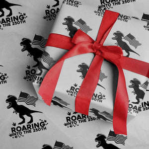 Funny Patriotic Dinosaur Wrapping Paper Roll Roaring Into The 250th Anniversary TS12 White Print Your Wear