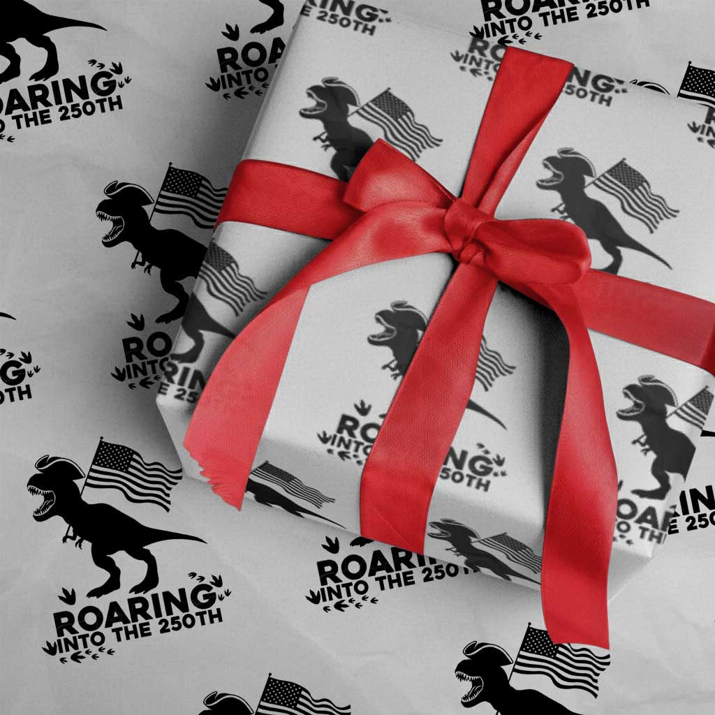 Funny Patriotic Dinosaur Wrapping Paper Roll Roaring Into The 250th Anniversary TS12 White Print Your Wear