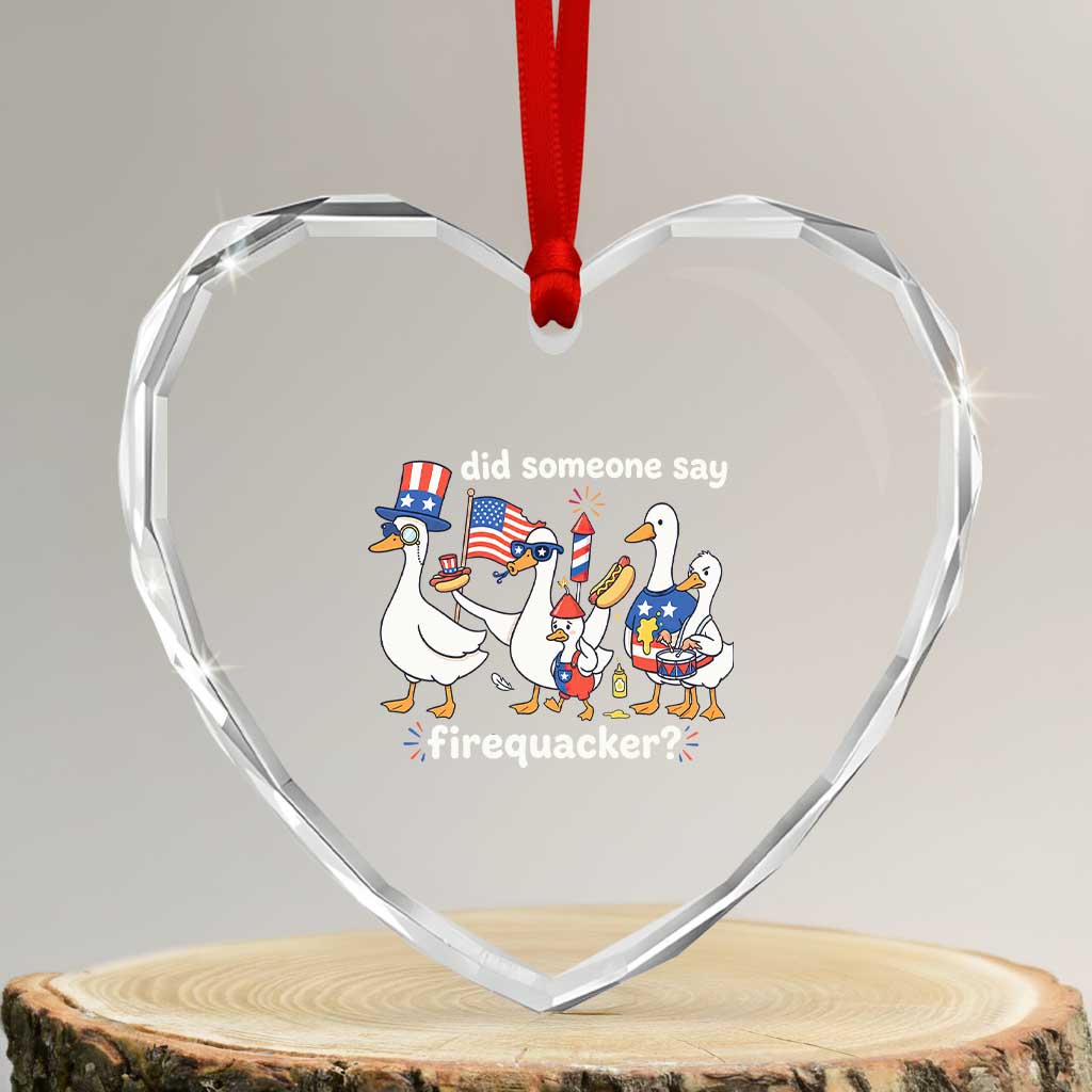 Funny Patriotic Duck Family 4th of July Fireworks Heart Crystal Glass Ornament Did Someone Say Firequacker Word Pun Cute Graphic