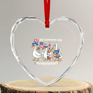 Funny Patriotic Duck Family 4th of July Fireworks Heart Crystal Glass Ornament Did Someone Say Firequacker Word Pun Cute Graphic
