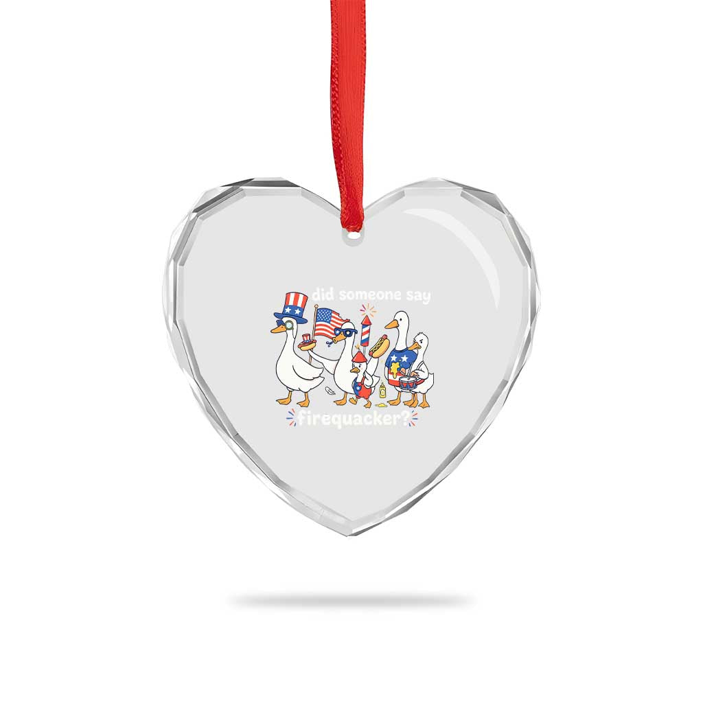 Funny Patriotic Duck Family 4th of July Fireworks Heart Crystal Glass Ornament Did Someone Say Firequacker Word Pun Cute Graphic