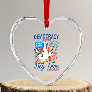 Funny Patriotic Duck Holding Firework Heart Crystal Glass Ornament Funny Democracy Is Dying But Hey Nice Fireworks 4th Of July TS02 Transparent Glass 3'' Heart Print Your Wear
