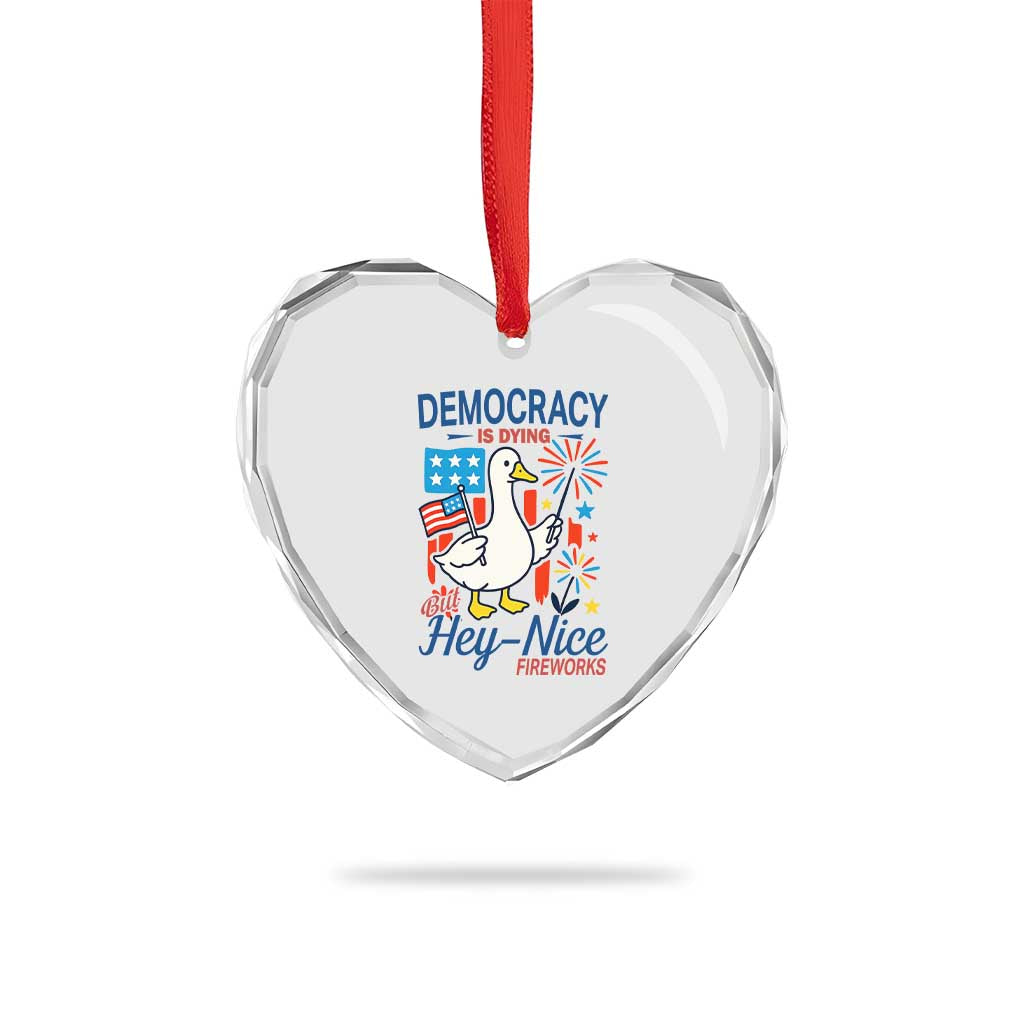 Funny Patriotic Duck Holding Firework Heart Crystal Glass Ornament Funny Democracy Is Dying But Hey Nice Fireworks 4th Of July TS02 Print Your Wear