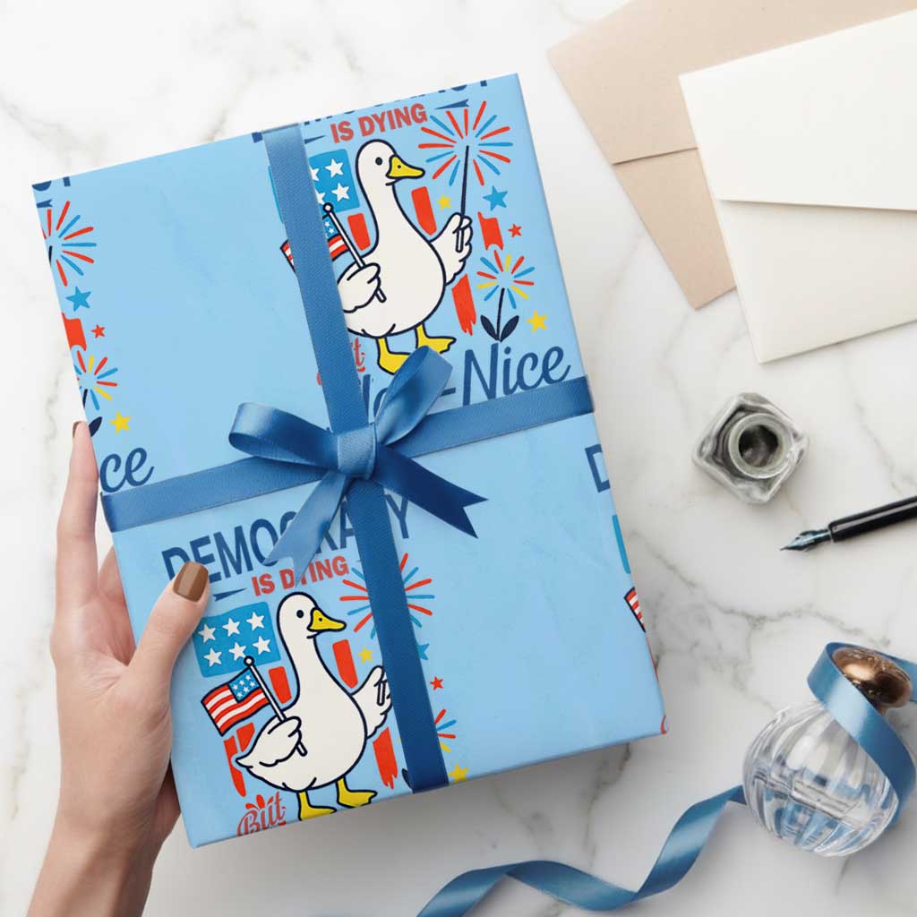 Funny Patriotic Duck Holding Firework Wrapping Paper Roll Funny Democracy Is Dying But Hey Nice Fireworks 4th Of July TS02 Light Blue Print Your Wear