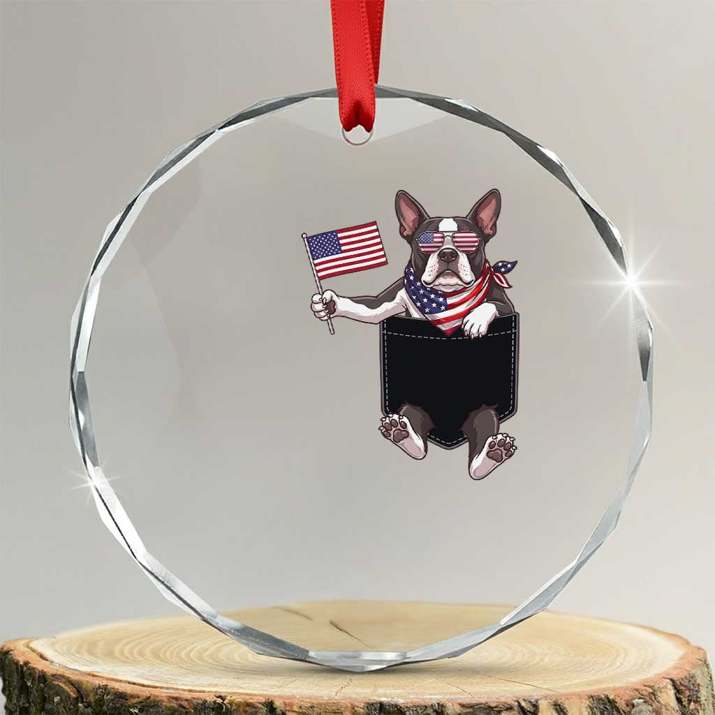 Funny Patriotic French Bulldog in Pocket Graphic Crystal Glass Ornament Cute Frenchie Waving US Flag Sunglasses Faux Summer TS02 Transparent Glass 3'' Circle Print Your Wear