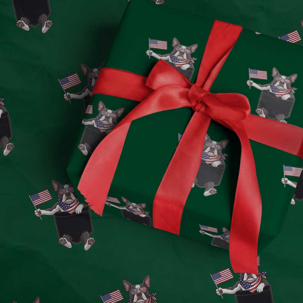 Funny Patriotic French Bulldog in Pocket Graphic Wrapping Paper Roll Cute Frenchie Waving US Flag Sunglasses Faux Summer TS02 Green Print Your Wear