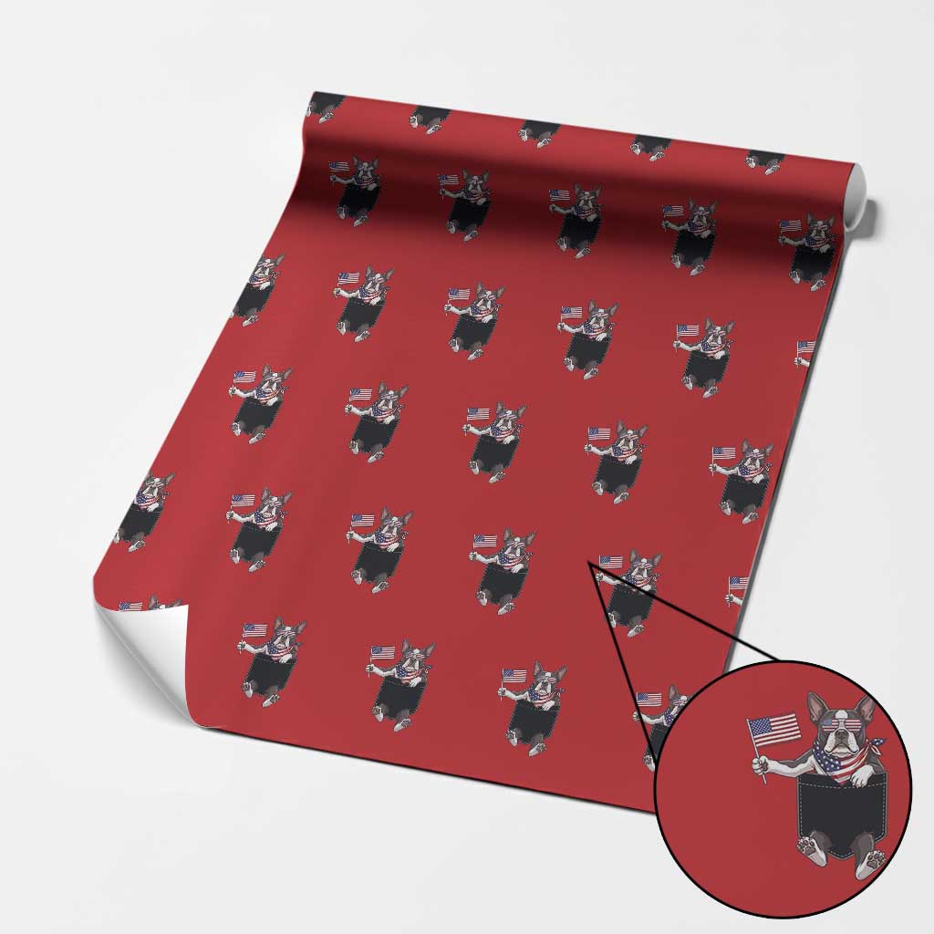 Funny Patriotic French Bulldog in Pocket Graphic Wrapping Paper Roll Cute Frenchie Waving US Flag Sunglasses Faux Summer