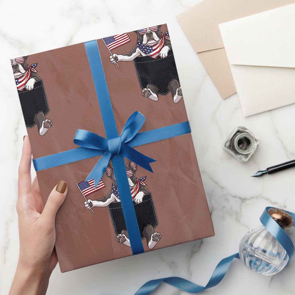 Funny Patriotic French Bulldog in Pocket Graphic Wrapping Paper Roll Cute Frenchie Waving US Flag Sunglasses Faux Summer