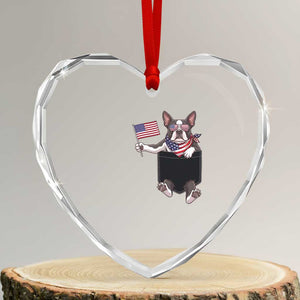 Funny Patriotic French Bulldog in Pocket Graphic Heart Crystal Glass Ornament Cute Frenchie Waving US Flag Sunglasses Faux Summer