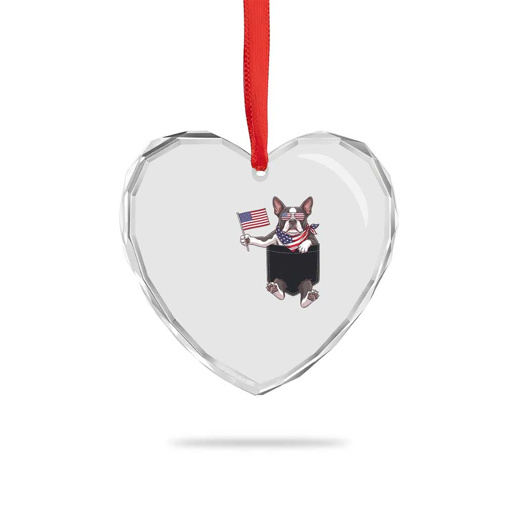 Funny Patriotic French Bulldog in Pocket Graphic Heart Crystal Glass Ornament Cute Frenchie Waving US Flag Sunglasses Faux Summer