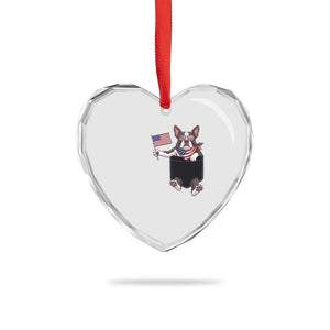 Funny Patriotic French Bulldog in Pocket Graphic Heart Crystal Glass Ornament Cute Frenchie Waving US Flag Sunglasses Faux Summer