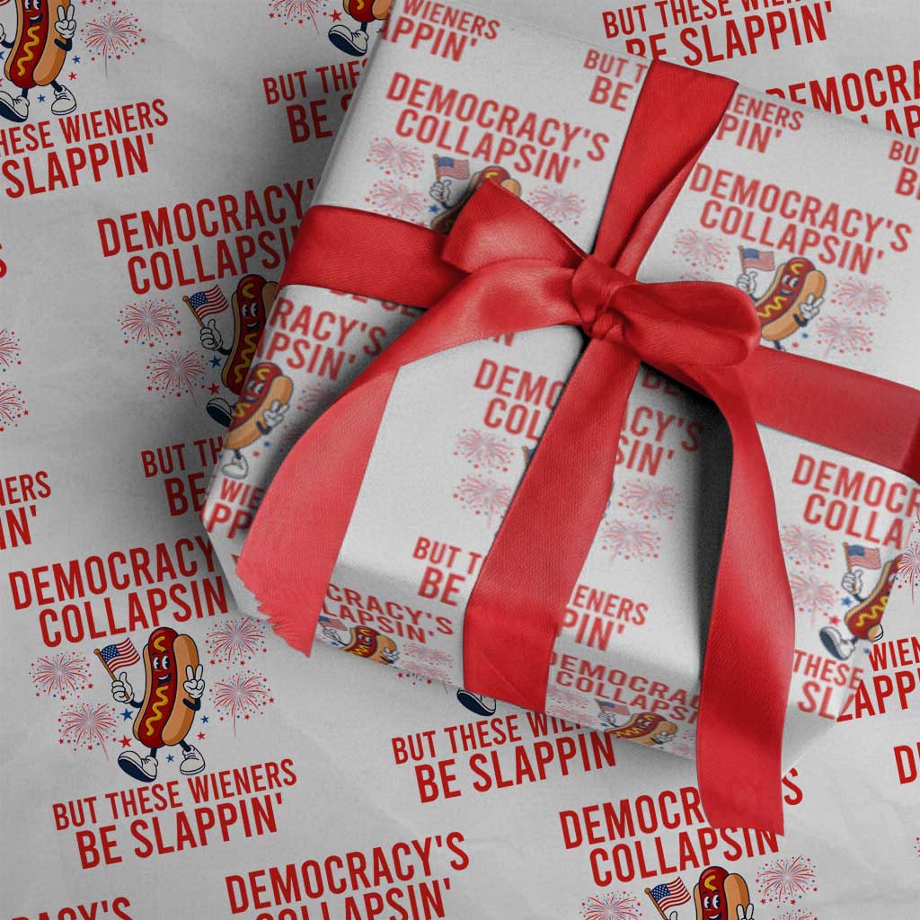 Funny Patriotic Hotdog Cartoon 4th of July Fireworks Wrapping Paper Roll Democracys Collapsin But These Wieners Be Slappin