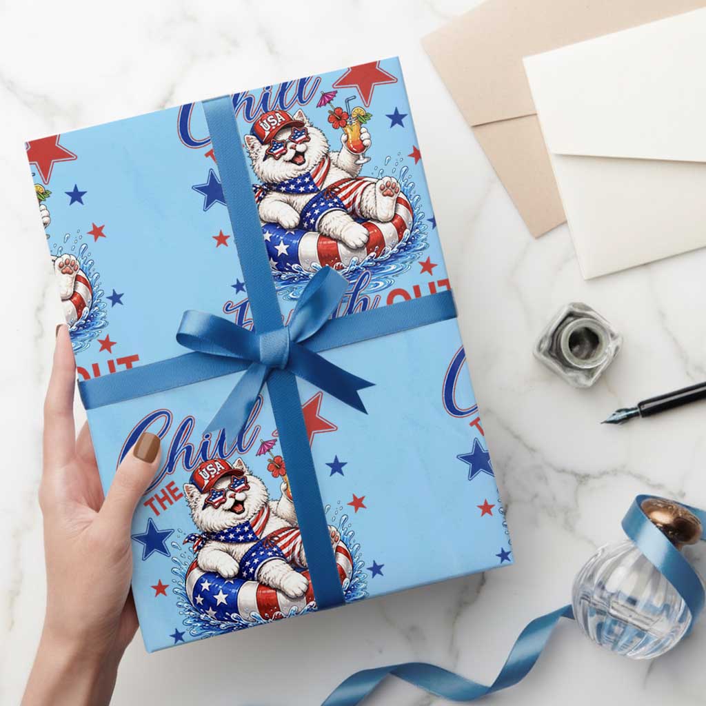 Funny Patriotic Persian Cat Wrapping Paper Roll Chill The Fourth Out TS12 Light Blue Print Your Wear