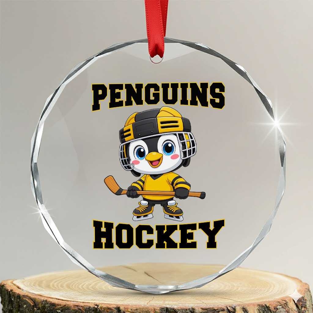 Funny Penguin Playing Ice Hockey Crystal Glass Ornament Winter Sports Gift TS12 Transparent Glass 3'' Circle Print Your Wear