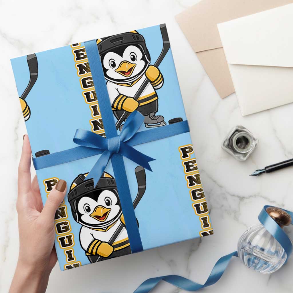 Funny Penguin Playing Ice Hockey Wrapping Paper Roll Gift For Kids TS12 Light Blue Print Your Wear