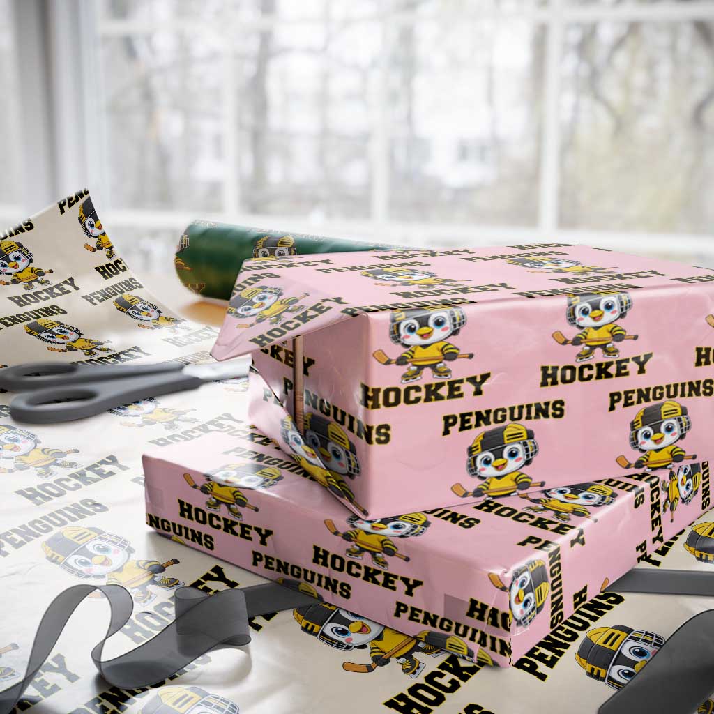 Funny Penguin Playing Ice Hockey Wrapping Paper Roll Winter Sports Gift TS12 Light Pink Print Your Wear