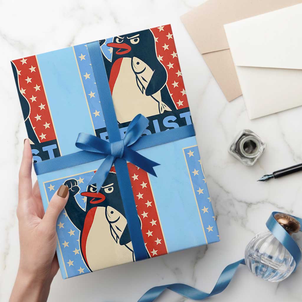 Funny Penguin Resist Graphic Wrapping Paper Roll Resist Protest Against Tariffs TS02 Light Blue Print Your Wear