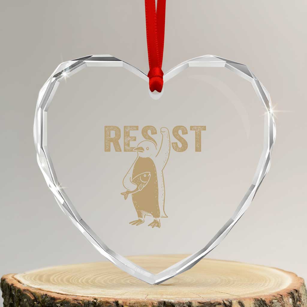 Funny Penguin Resist Heart Crystal Glass Ornament Against Tariffs Activism Vintage TS02 Transparent Glass 3'' Heart Print Your Wear