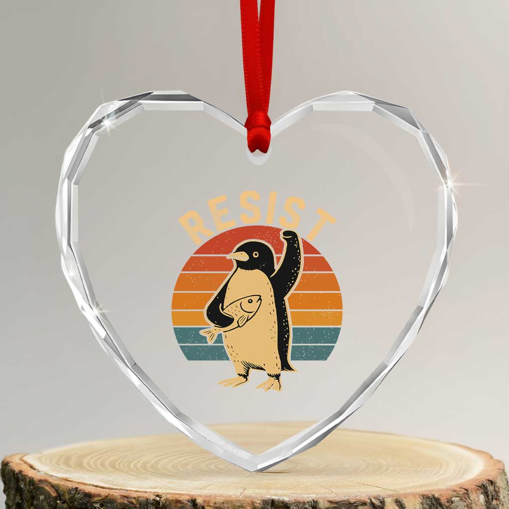 Funny Penguin Resist Heart Crystal Glass Ornament Against Tariffs Retro Vintage TS02 Transparent Glass 3'' Heart Print Your Wear