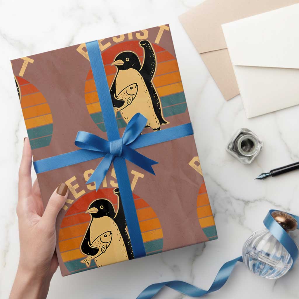 Funny Penguin Resist Wrapping Paper Roll Against Tariffs Retro Vintage TS02 Mocha Print Your Wear