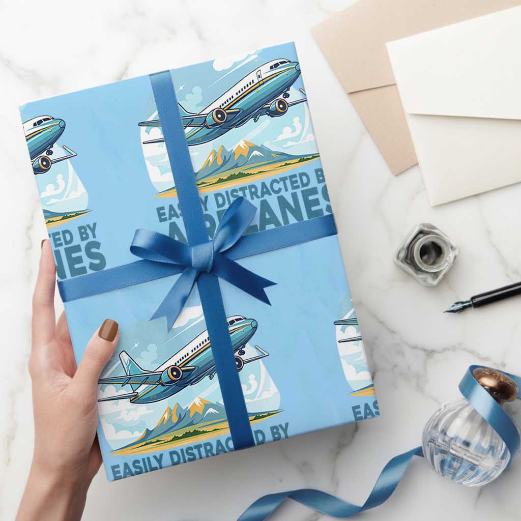 Funny Pilot Aviation Wrapping Paper Roll Easily Distracted By Airplanes Lover TS14 Light Blue Print Your Wear