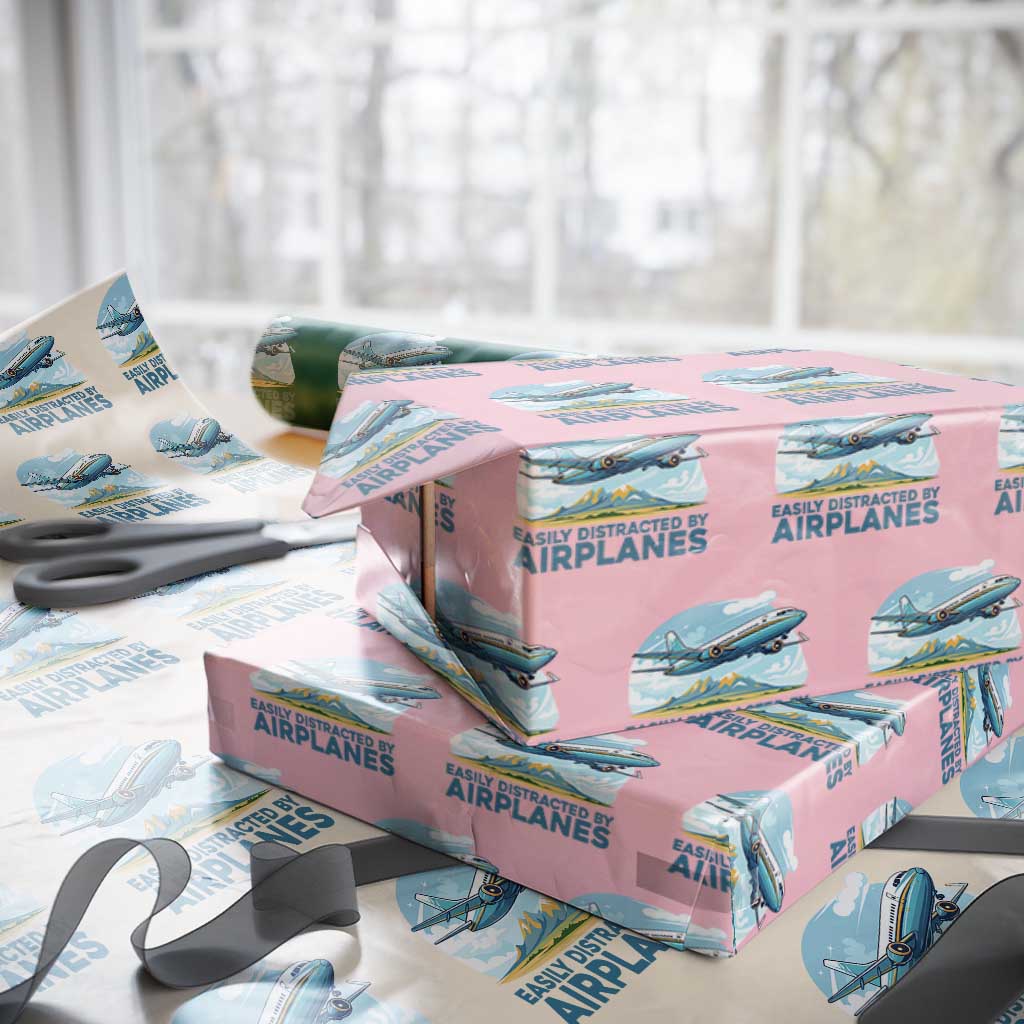 Funny Pilot Aviation Wrapping Paper Roll Easily Distracted By Airplanes Lover TS14 Light Pink Print Your Wear
