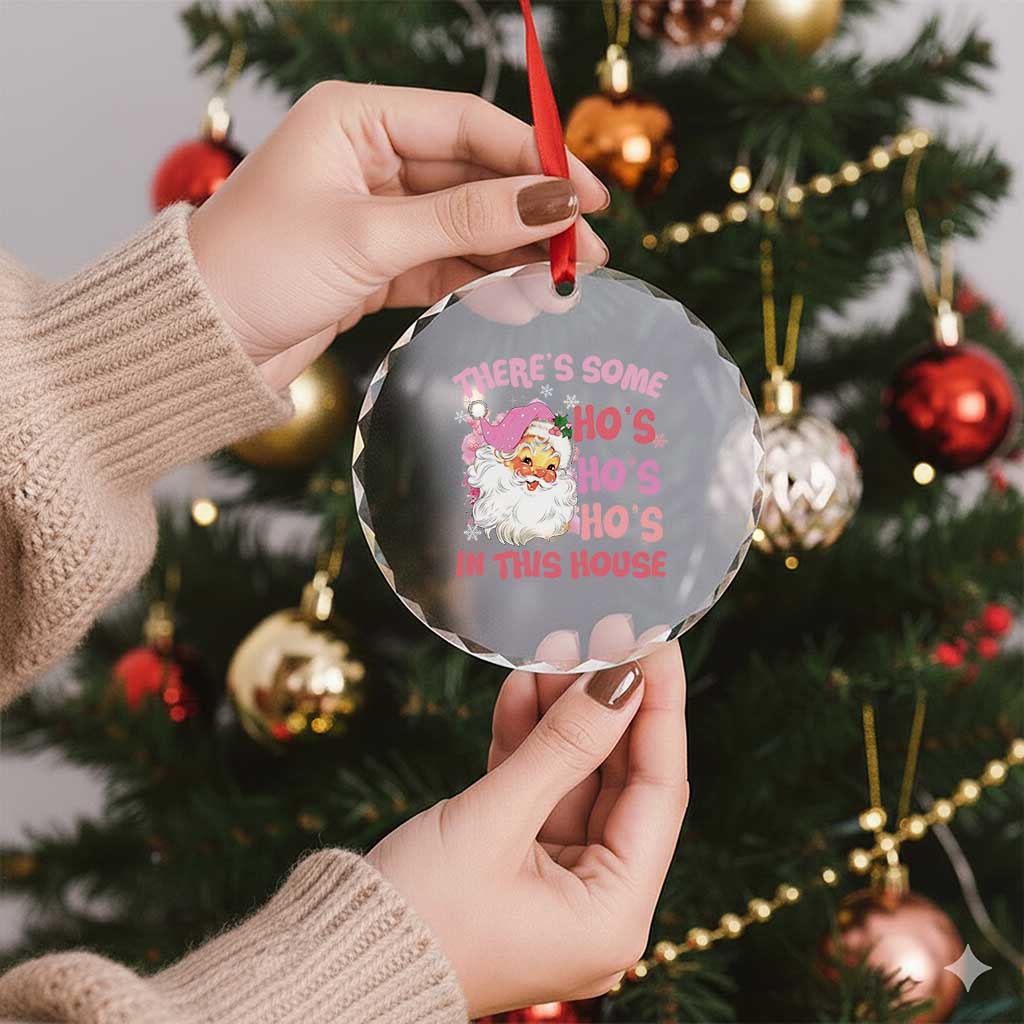 Funny Pink Santa Crystal Glass Ornament Theres Some Hos In This House Retro Xmas Vibe TS02 Print Your Wear