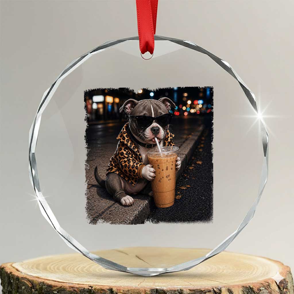 Funny Pitbull Drinking Coffee Crystal Glass Ornament Dog Meme Caffeine Graphic TS12 Transparent Glass 3'' Circle Print Your Wear