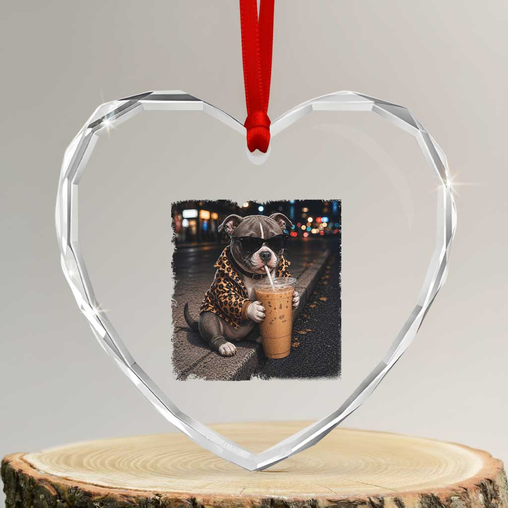 Funny Pitbull Drinking Coffee Heart Crystal Glass Ornament Dog Meme Caffeine Graphic TS12 Transparent Glass 3'' Heart Print Your Wear