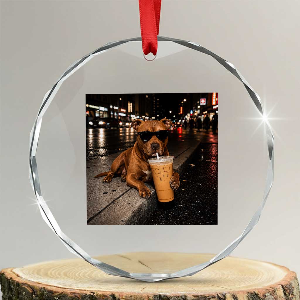 Funny Pitbull Drinking Iced Coffee Crystal Glass Ornament Vintage Pittie Dog Lovers Meme TS10 Transparent Glass 3'' Circle Print Your Wear