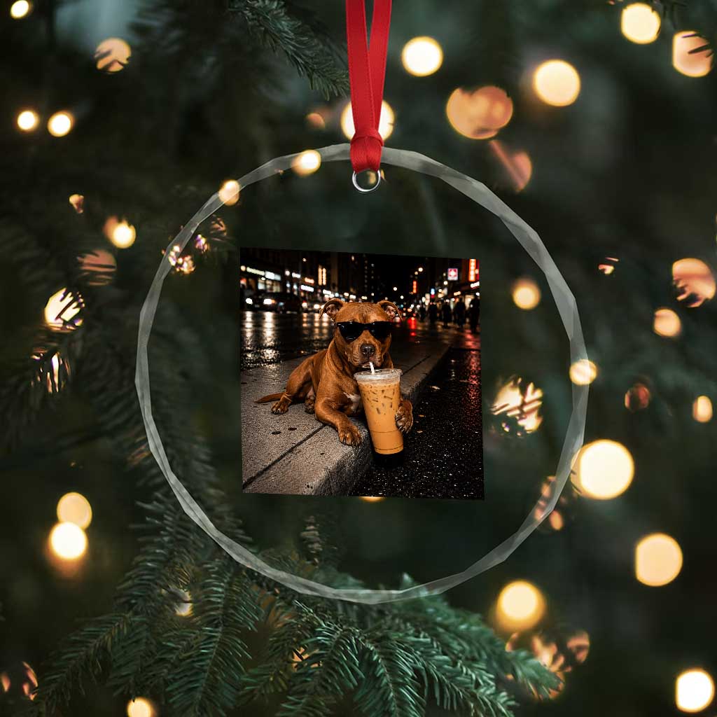Funny Pitbull Drinking Iced Coffee Crystal Glass Ornament Vintage Pittie Dog Lovers Meme