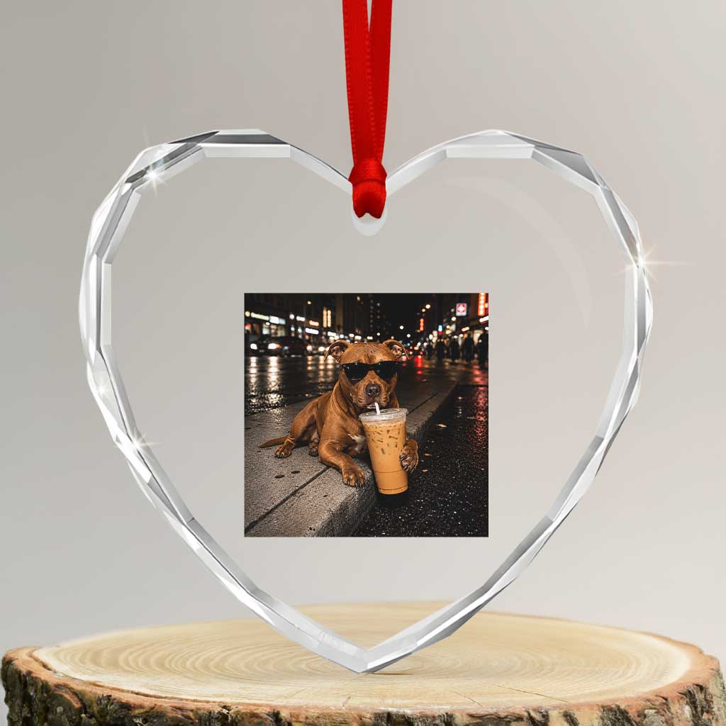Funny Pitbull Drinking Iced Coffee Heart Crystal Glass Ornament Vintage Pittie Dog Lovers Meme