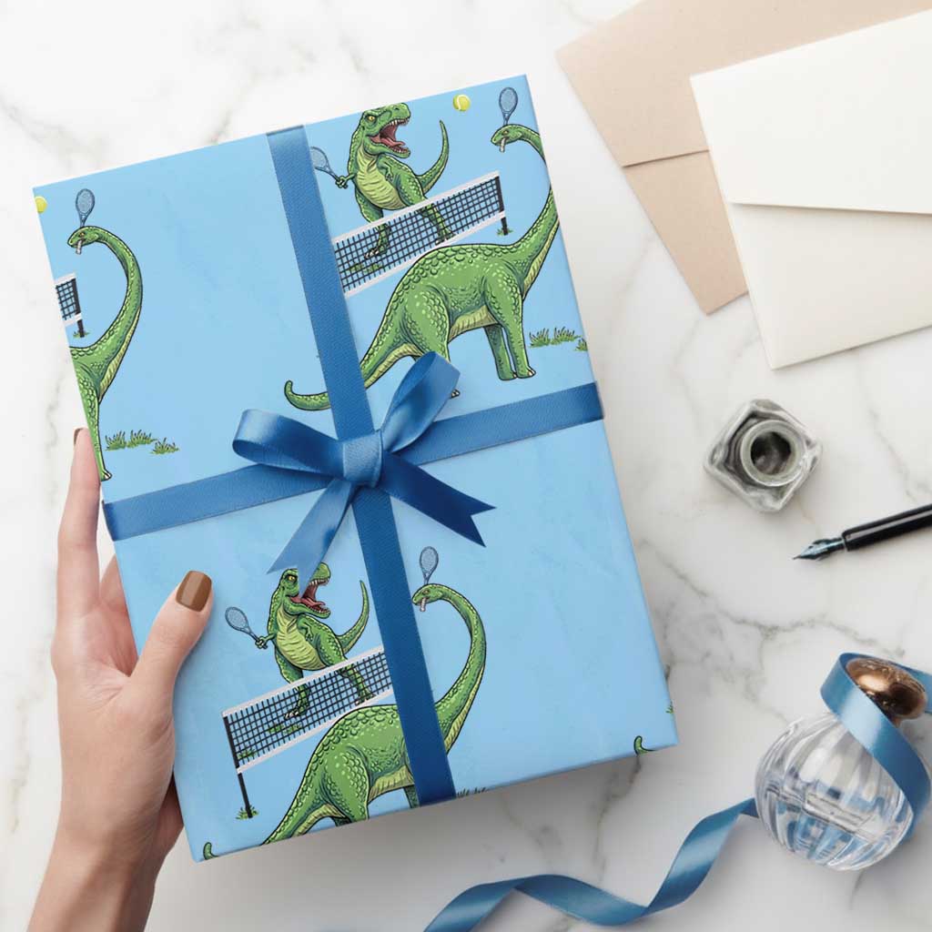 Funny Prehistoric Dinosaur Tennis Player Game Day Wrapping Paper Roll TS12 Light Blue Print Your Wear