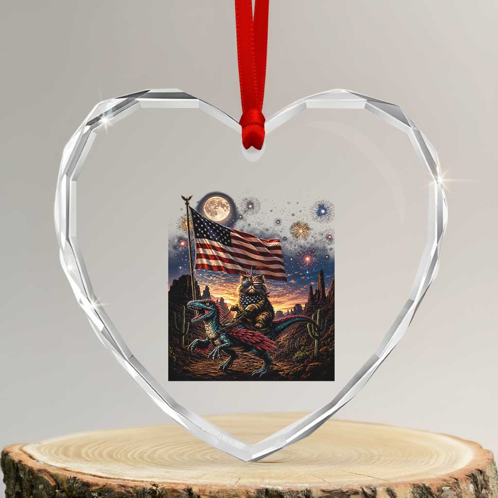 Funny Princess Cat On Dinosaur Patriotic Freedom Gift Heart Crystal Glass Ornament