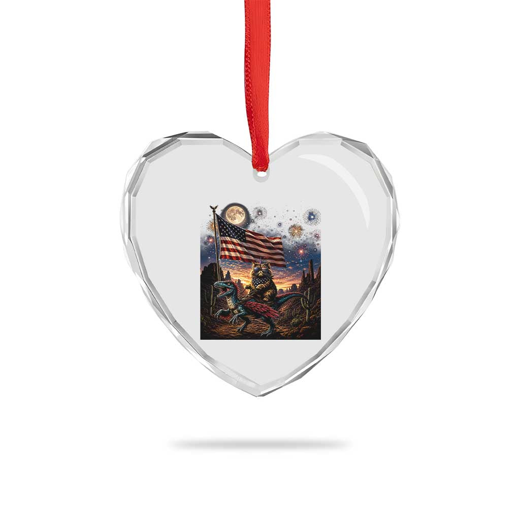 Funny Princess Cat On Dinosaur Patriotic Freedom Gift Heart Crystal Glass Ornament