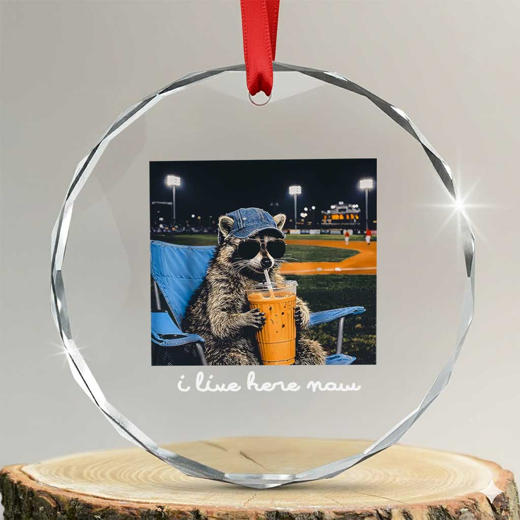 Funny Raccoon Baseball Game Day Meme Crystal Glass Ornament I Live Here Now Trash Panda Iced Coffee Night TS02 Transparent Glass 3'' Circle Print Your Wear