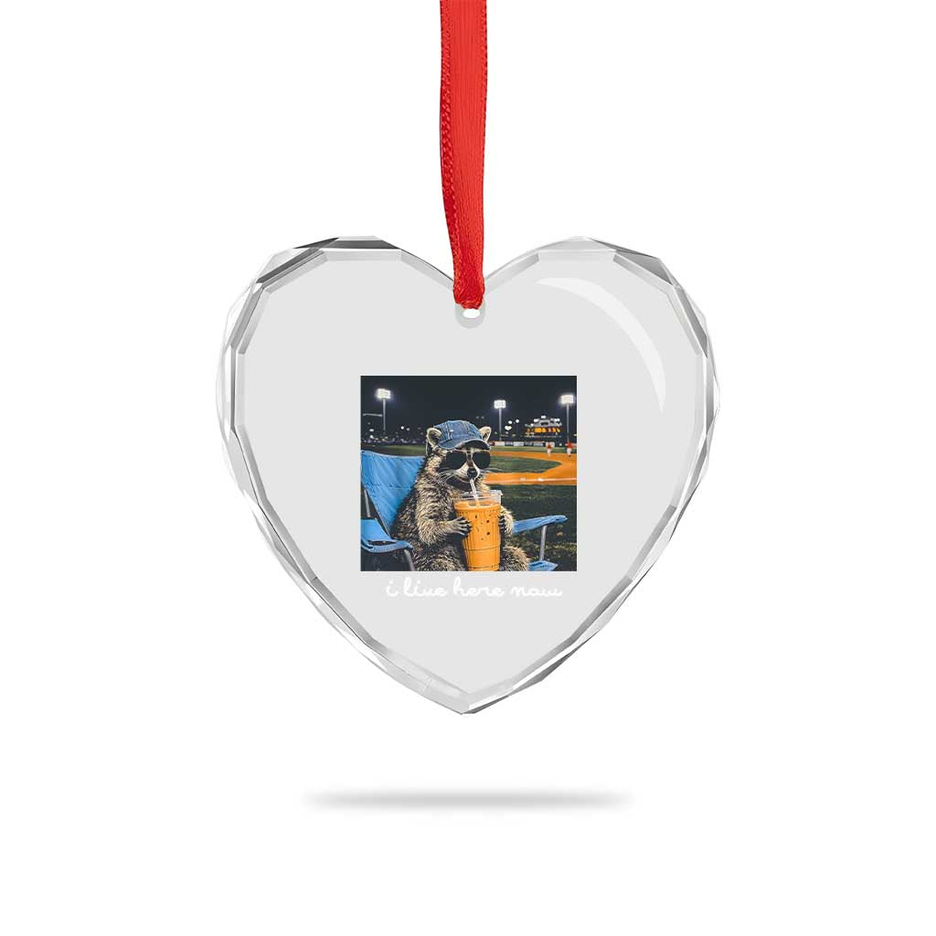 Funny Raccoon Baseball Game Day Meme Heart Crystal Glass Ornament I Live Here Now Trash Panda Iced Coffee Night TS02 Print Your Wear