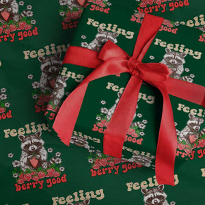 Funny Raccoon Wrapping Paper Roll Feeling Berry Good Eating Strawberries TS02 Green Print Your Wear