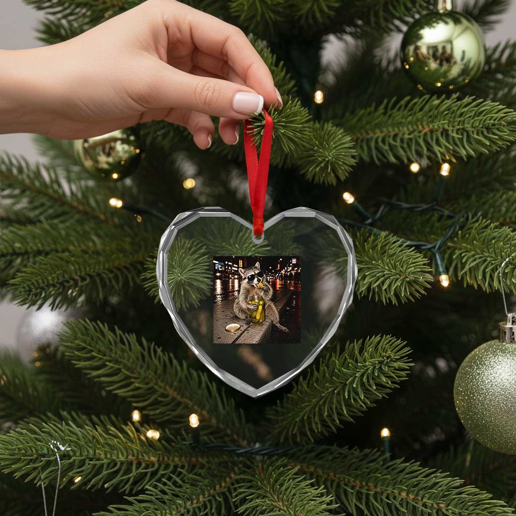 Funny Raccoon Eating Pickles Meme Heart Crystal Glass Ornament