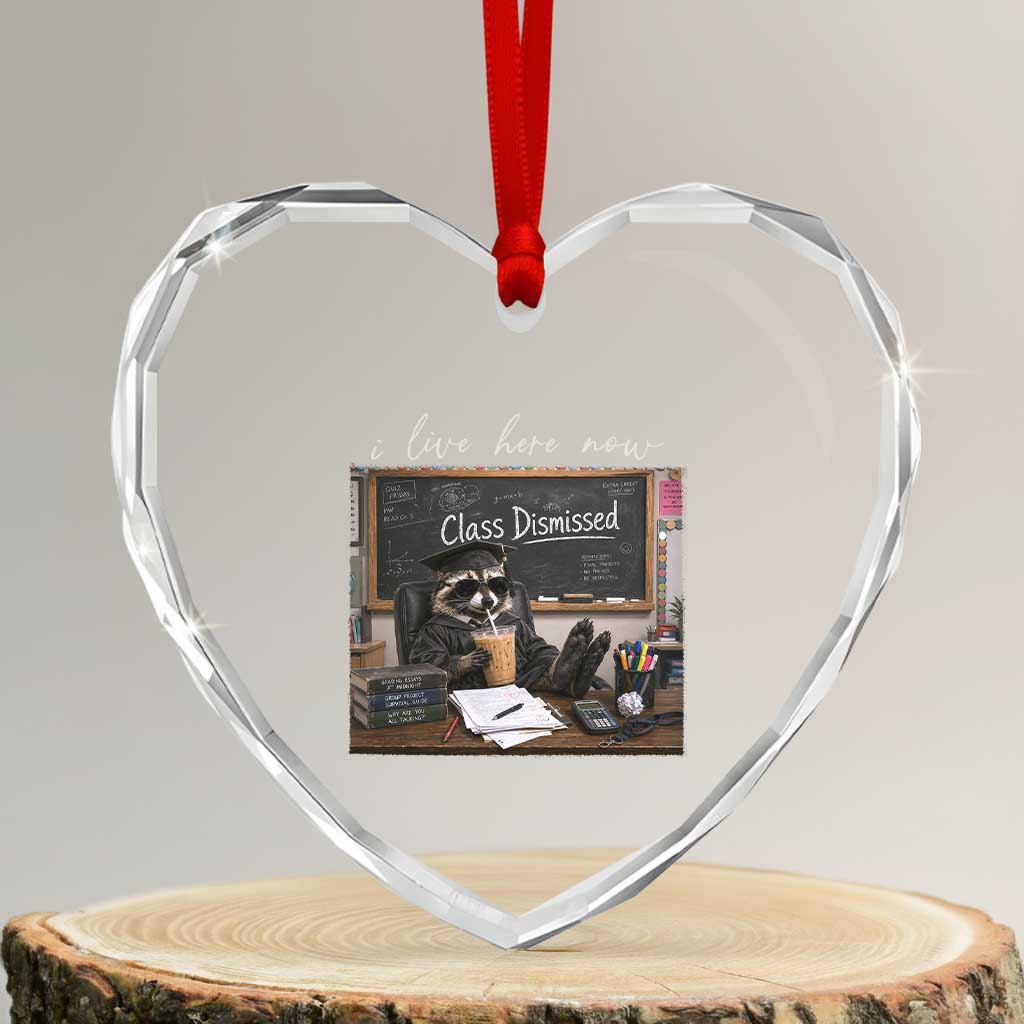 Funny Raccoon Graduation Heart Crystal Glass Ornament I Live Here Now